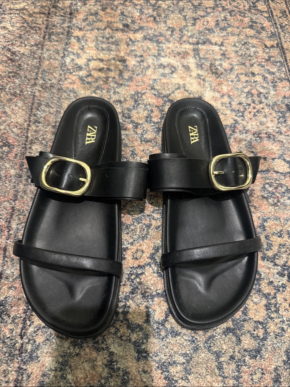 ZARA Black Slide Sandals with Gold Buckle Detail